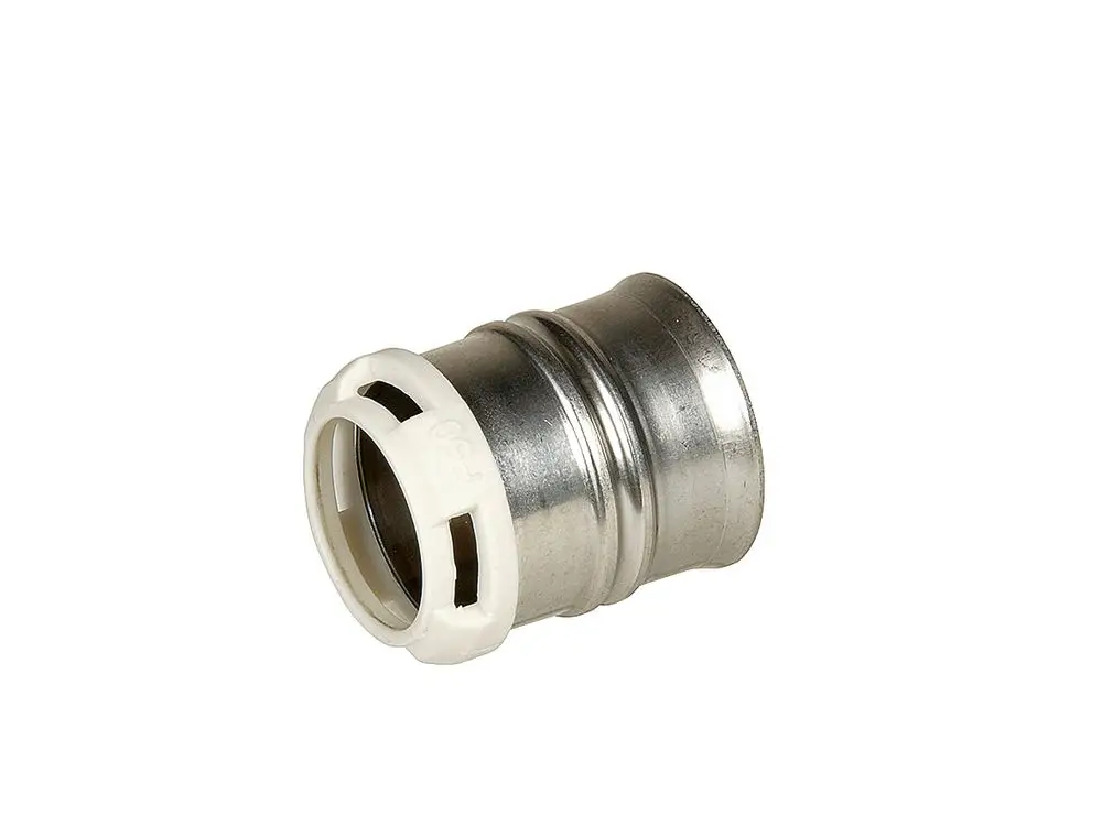 Ersatz-Presshülse aus Metall mit einem weißen Fixierring, hergestellt von Fränkische, zur Verbindung von Rohren in der Sanitär- und Heizungsinstallation.
